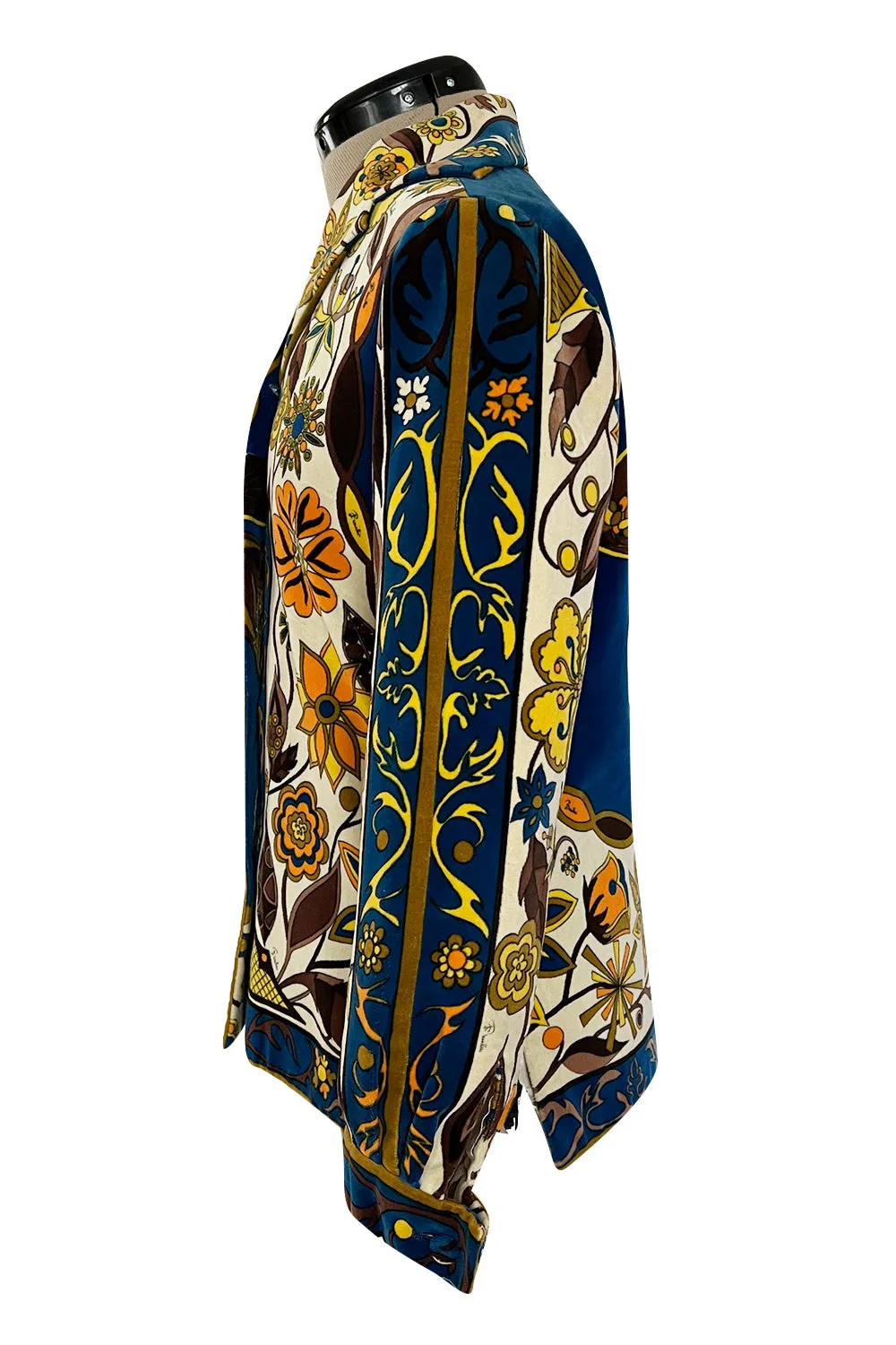 1960s Emilio Pucci Ivory, Yellow, Tan & Deep Blue Print Cotton Velvet Jacket