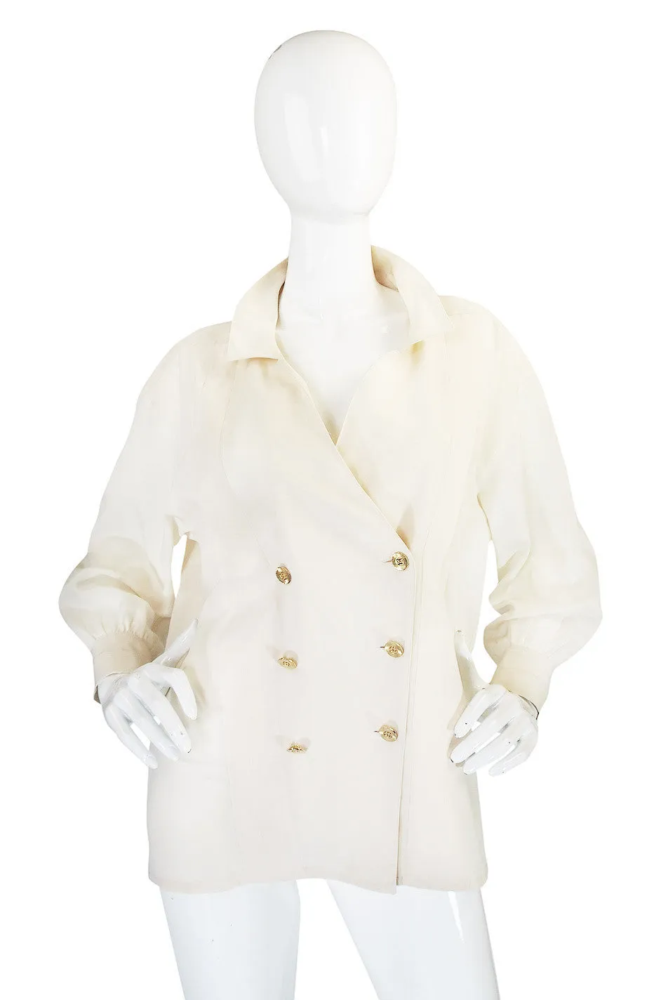 1980s Classic Cream Silk Chanel Gold Button Top
