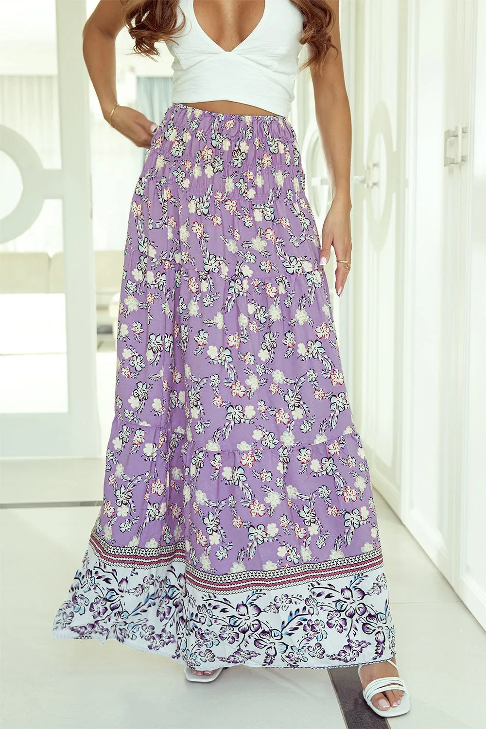 Alani Tiered Printed Elastic Waist Skirt
