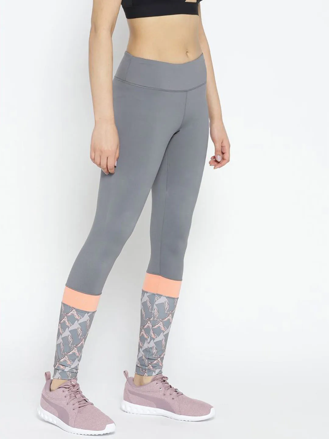 Alcis Women Grey Solid Running Tights with Printed Detail