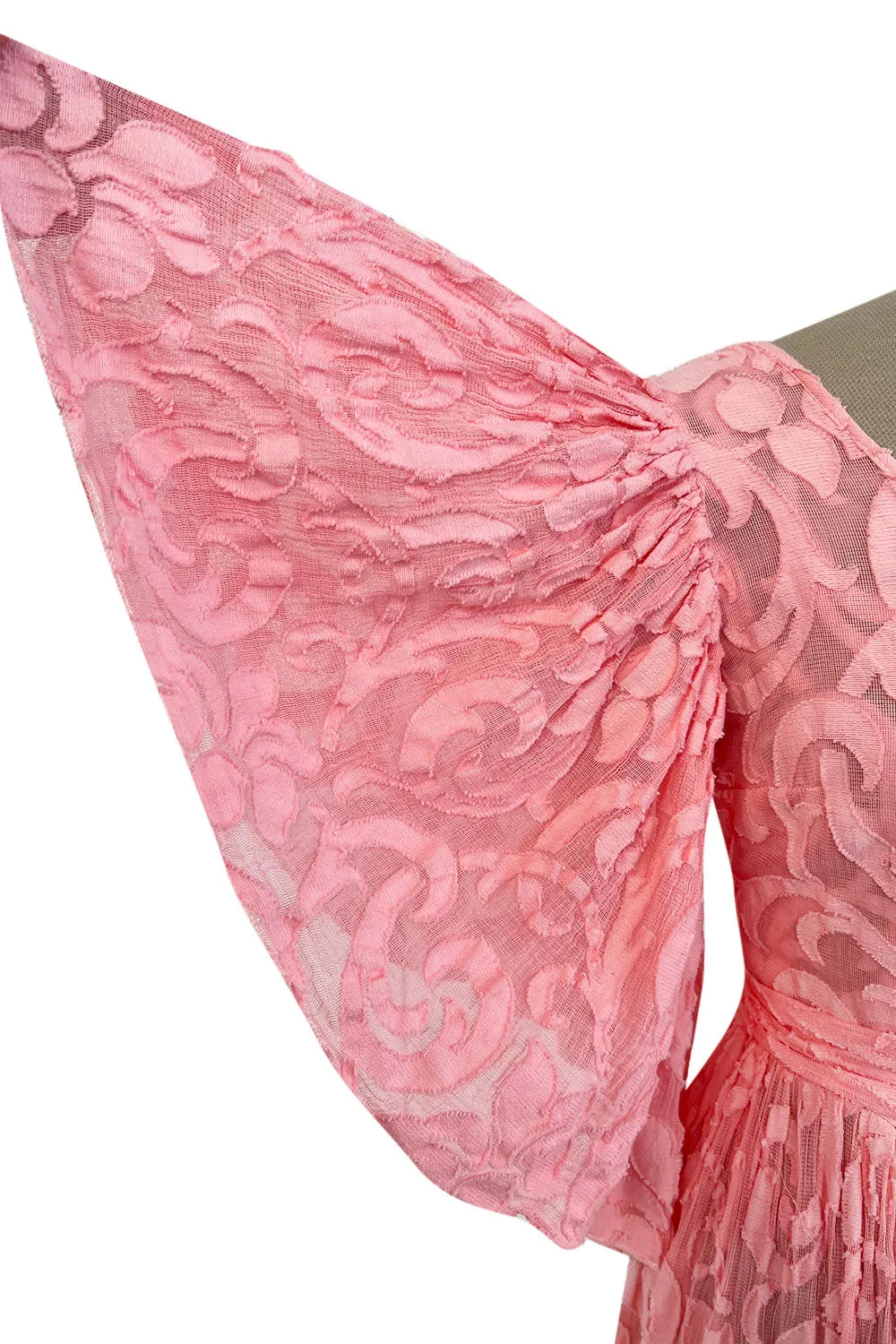 Amazing 1930s Unlabeled Pink Light Woven Cotton Tiered Applique Dress w Amazing Sleeves