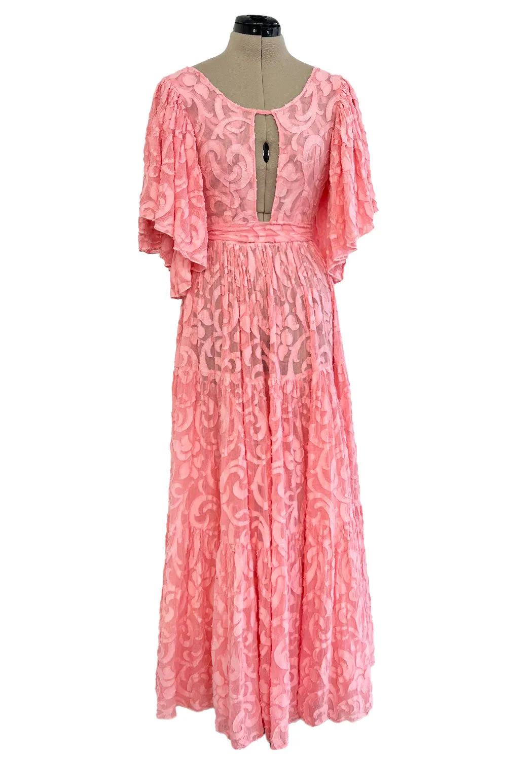 Amazing 1930s Unlabeled Pink Light Woven Cotton Tiered Applique Dress w Amazing Sleeves