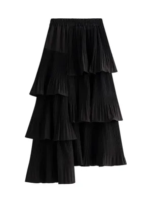 Asymmetric Pleated Skirt Women's Ruffle Irregular Hem Layered Midi Skirts