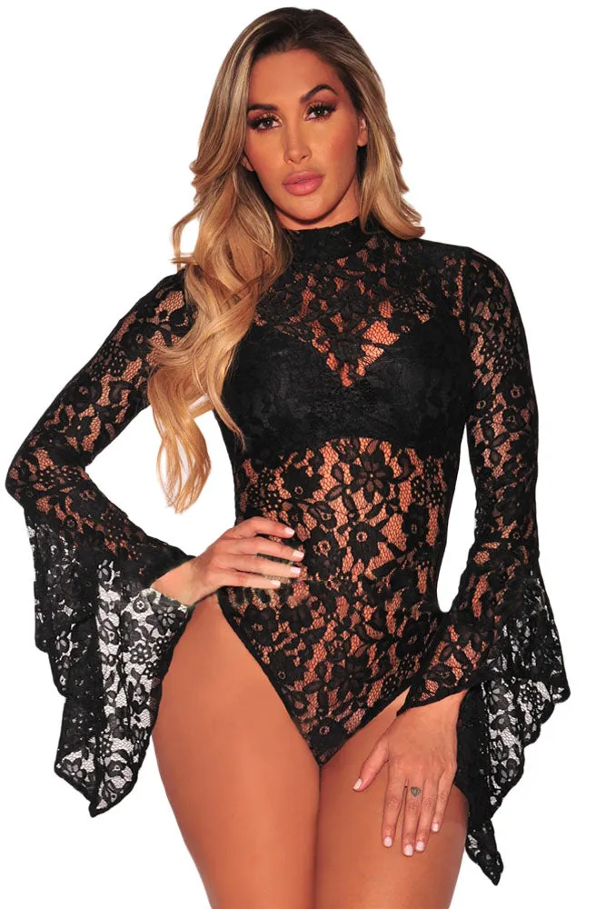Black Sheer Floral Lace Long Bell Sleeve Bodysuit