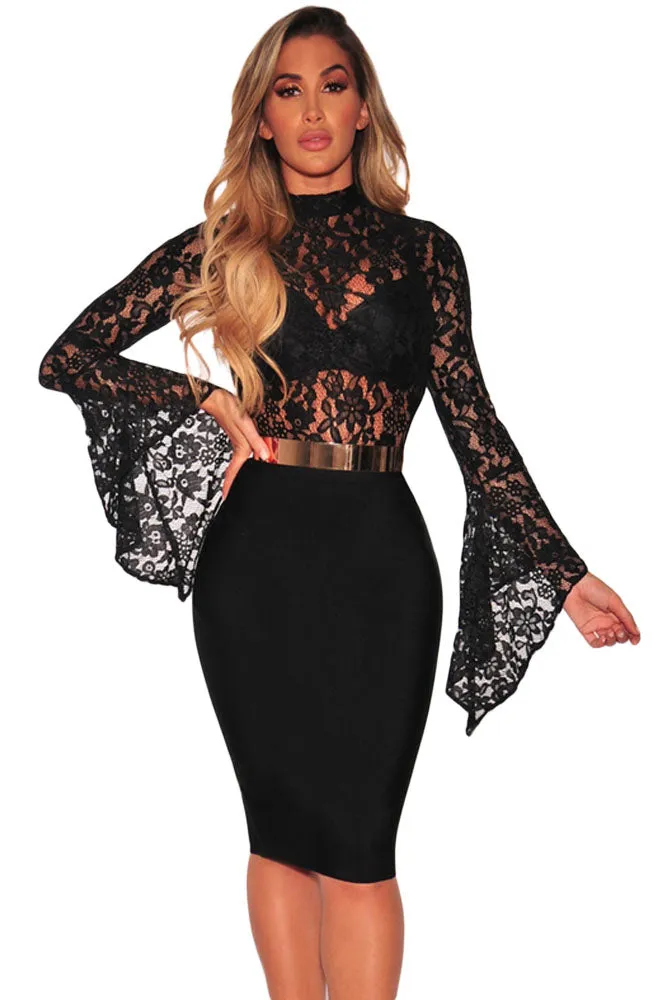 Black Sheer Floral Lace Long Bell Sleeve Bodysuit