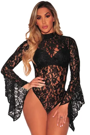 Black Sheer Floral Lace Long Bell Sleeve Bodysuit