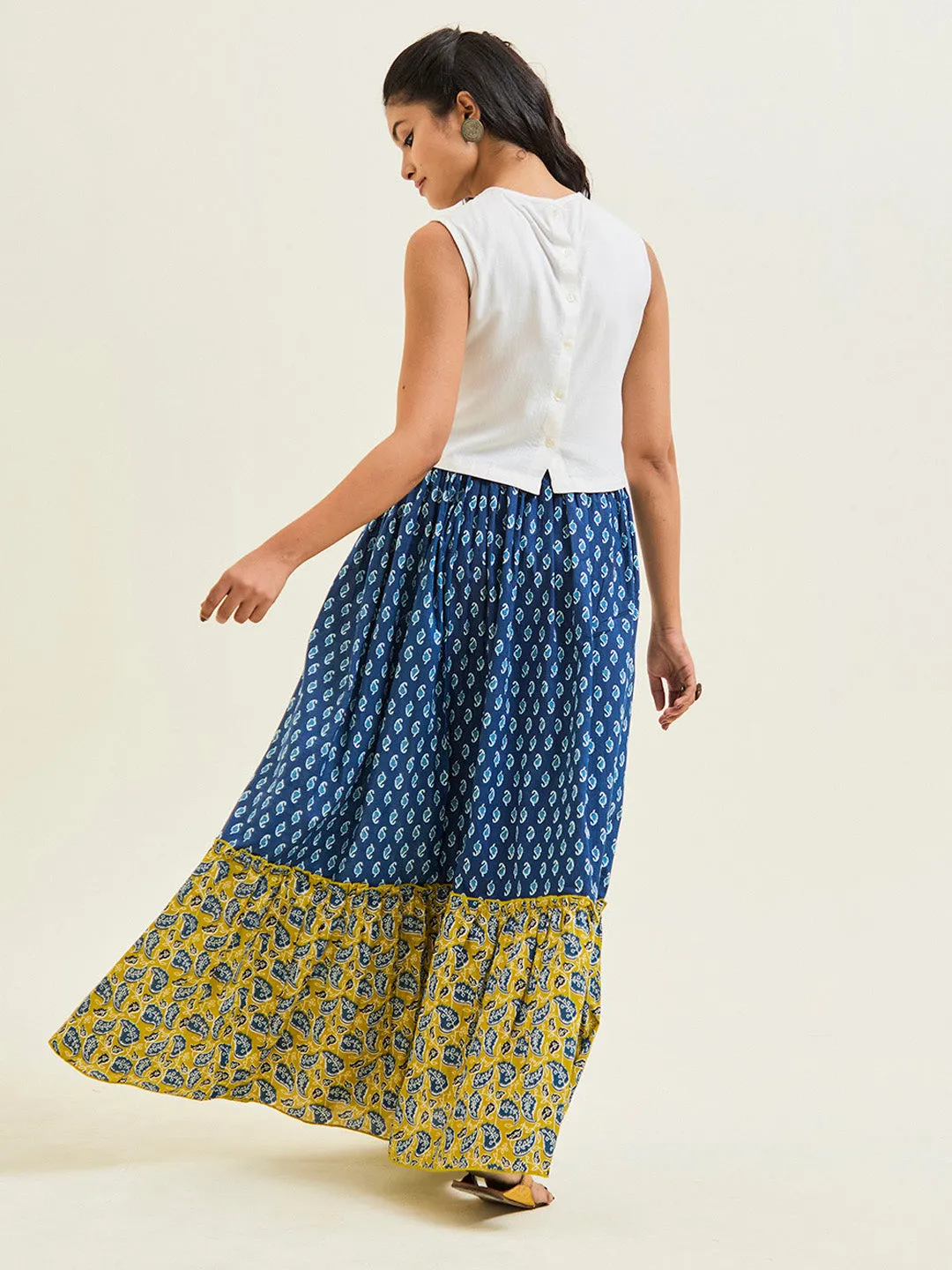 Blue & Mustard Ethnic Printed Cotton Skirt