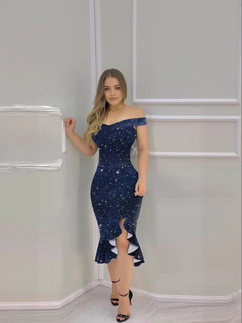 Blue Sequin Off-Shoulder Asymmetric Dress