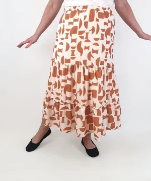 Brown and cream print linen mix tiered skirt fits size 16-18