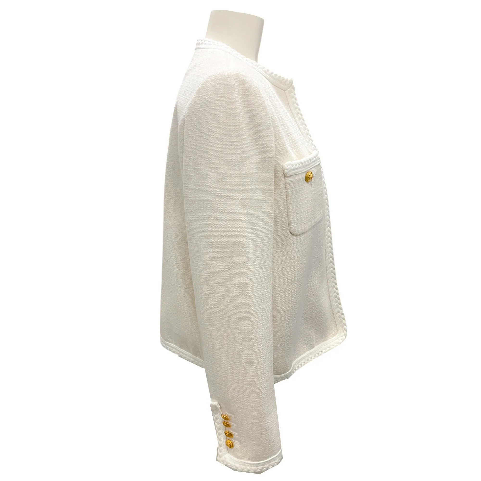 Celine Ivory / White / Gold Buttoned Braided Trim Silk Chausseur Jacket