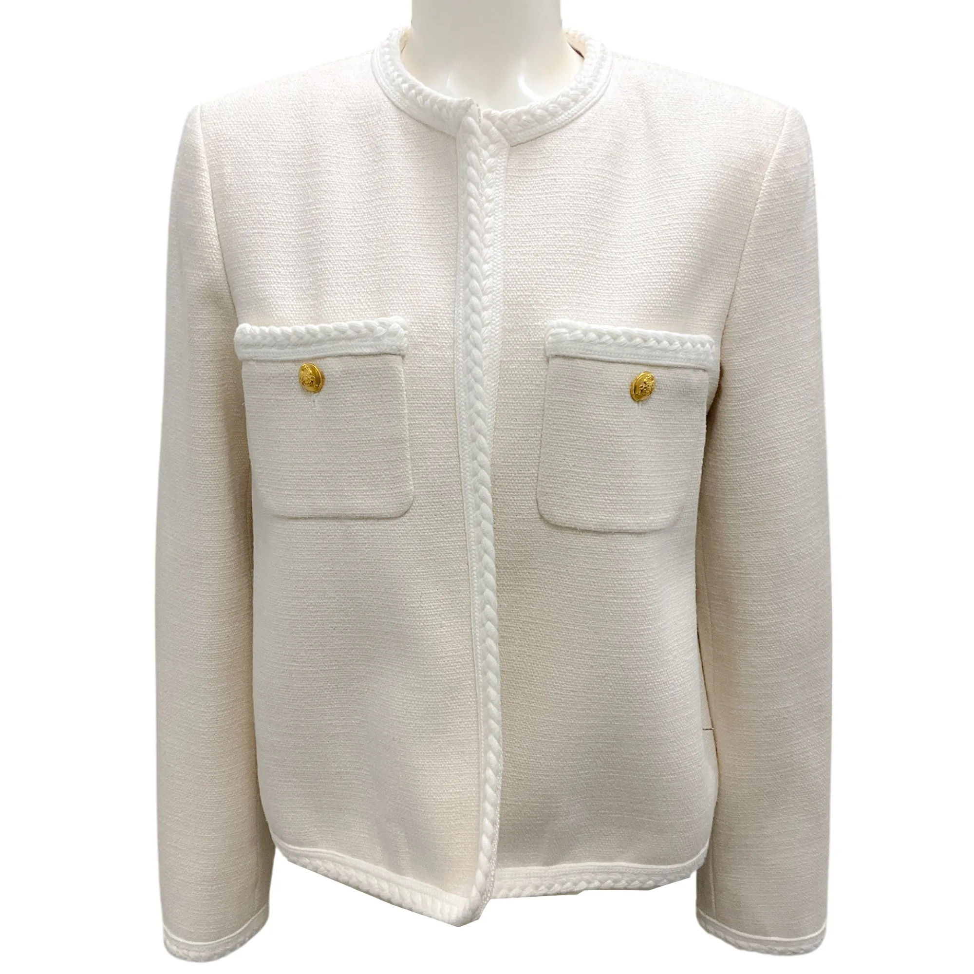 Celine Ivory / White / Gold Buttoned Braided Trim Silk Chausseur Jacket