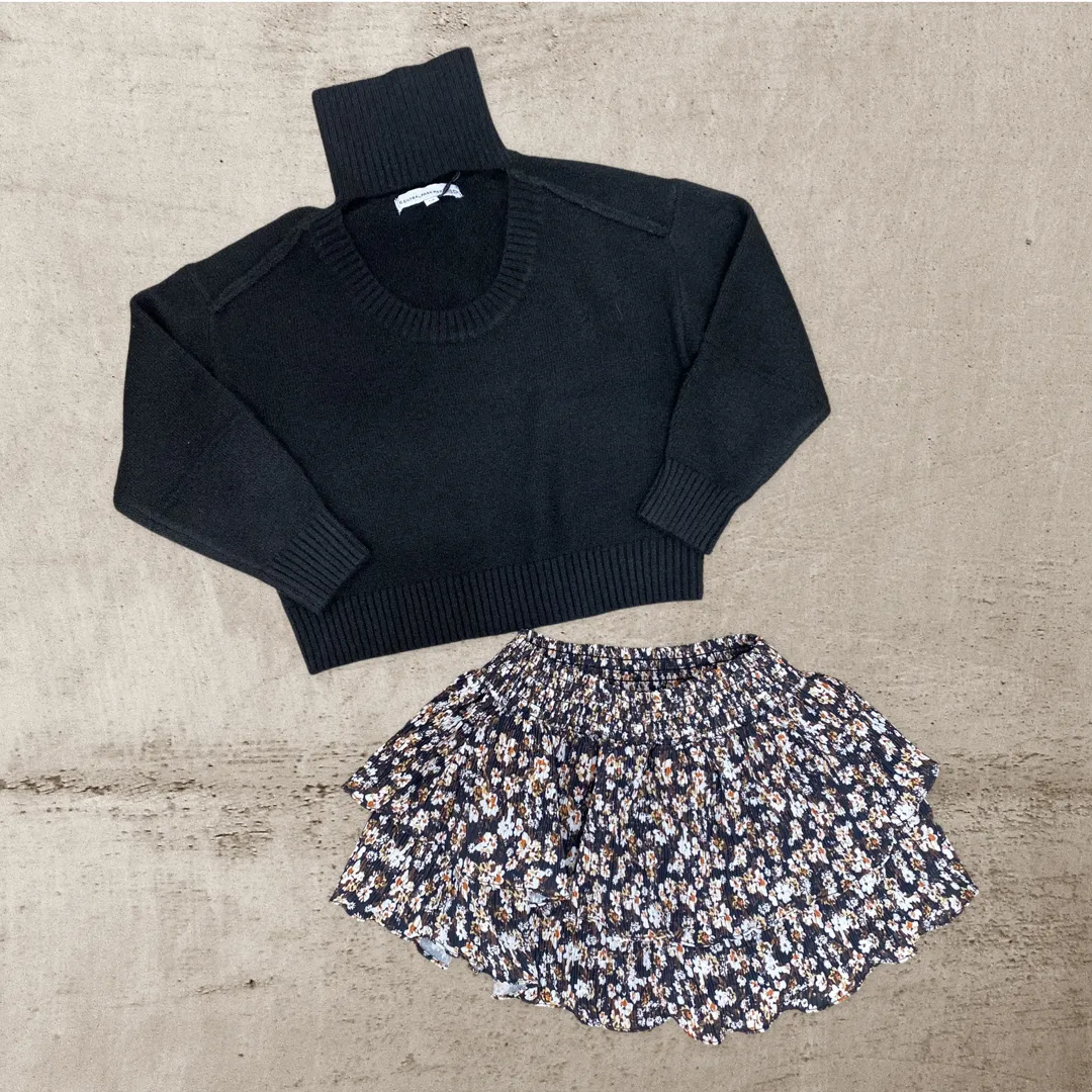Central Park West Eve Floral Plisse Skirt - Black