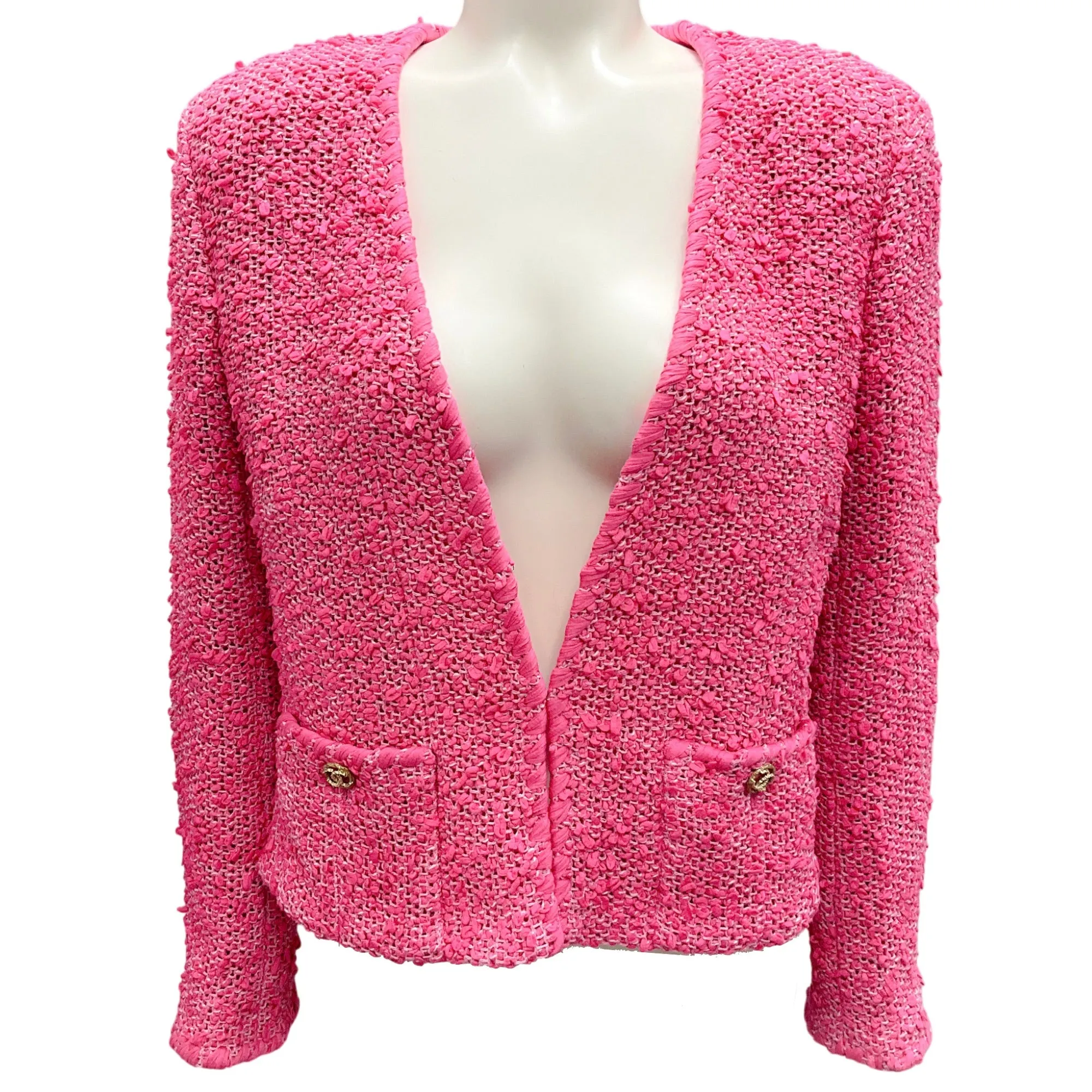 Chanel Fuchsia Pink / Gold 2021 CC Logo Buttoned Collarless Tweed Jacket