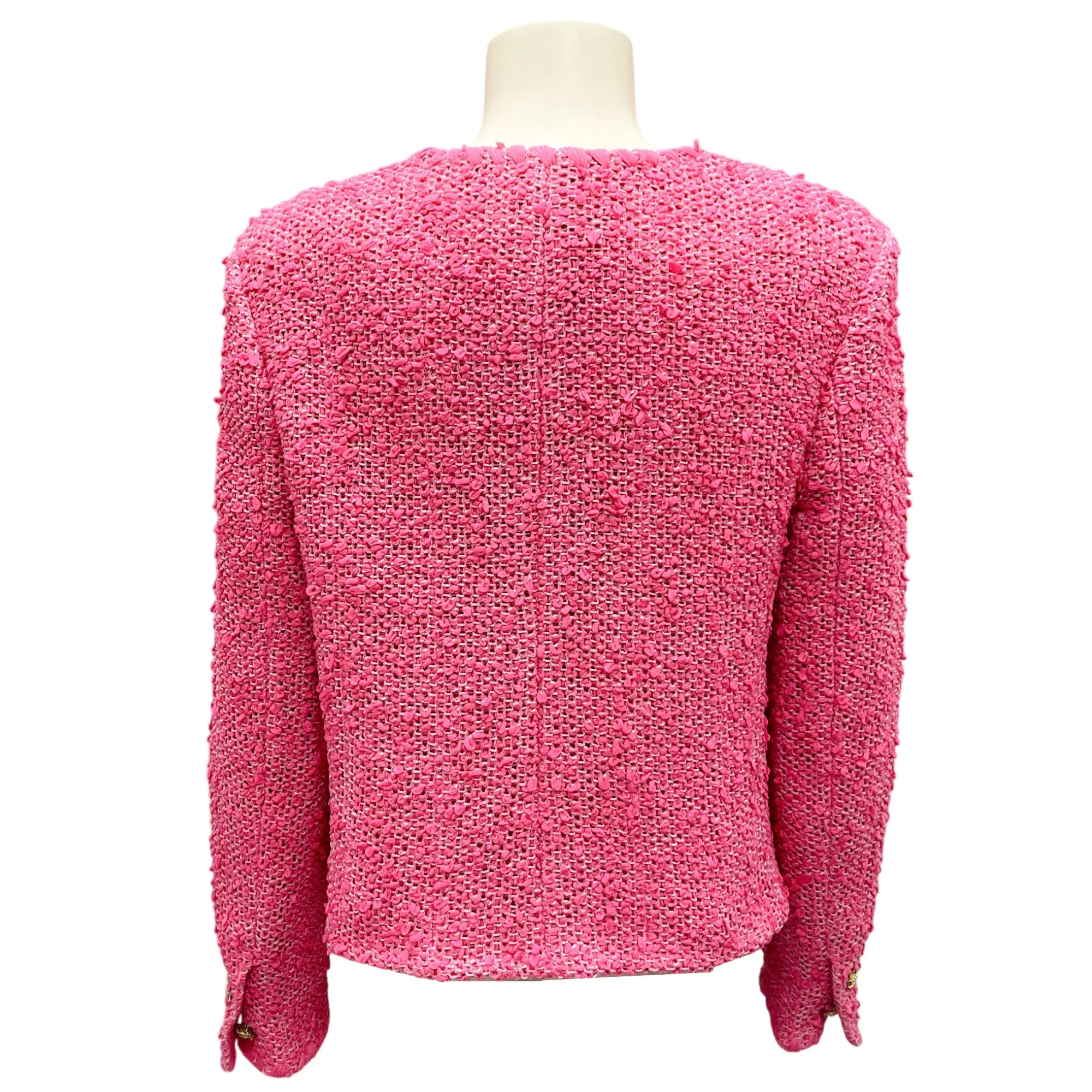 Chanel Fuchsia Pink / Gold 2021 CC Logo Buttoned Collarless Tweed Jacket