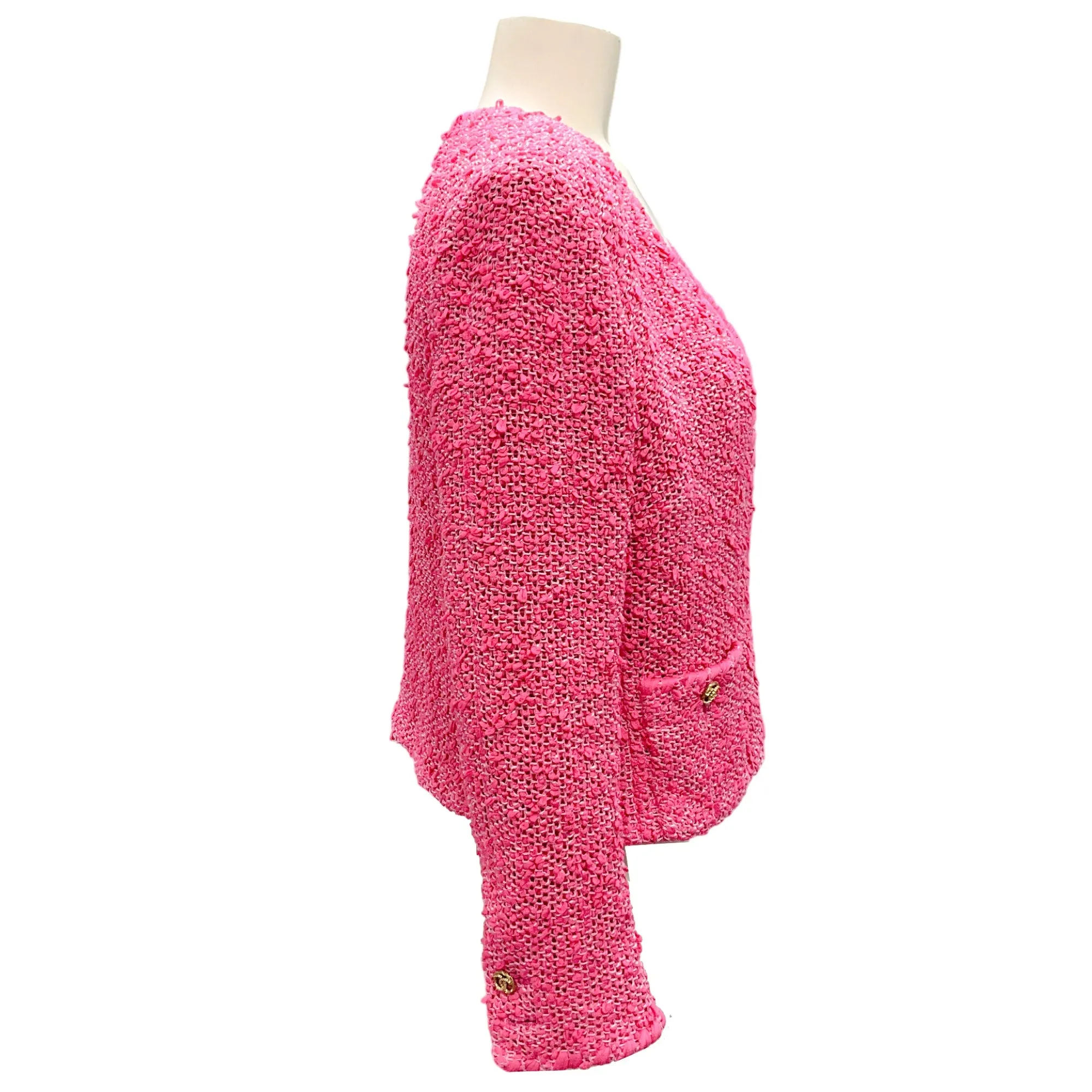 Chanel Fuchsia Pink / Gold 2021 CC Logo Buttoned Collarless Tweed Jacket