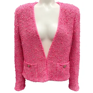 Chanel Fuchsia Pink / Gold 2021 CC Logo Buttoned Collarless Tweed Jacket