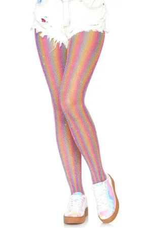 Colored Lurex Shimmer Rainbow Striped Fishnet Tights