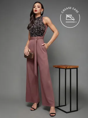 Crease Ease Cocktail Women's Mauve Sleeveless Sequined Halter Neck Party Jumpsuit