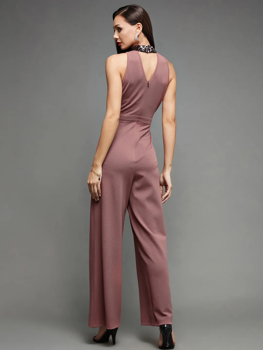 Crease Ease Cocktail Women's Mauve Sleeveless Sequined Halter Neck Party Jumpsuit