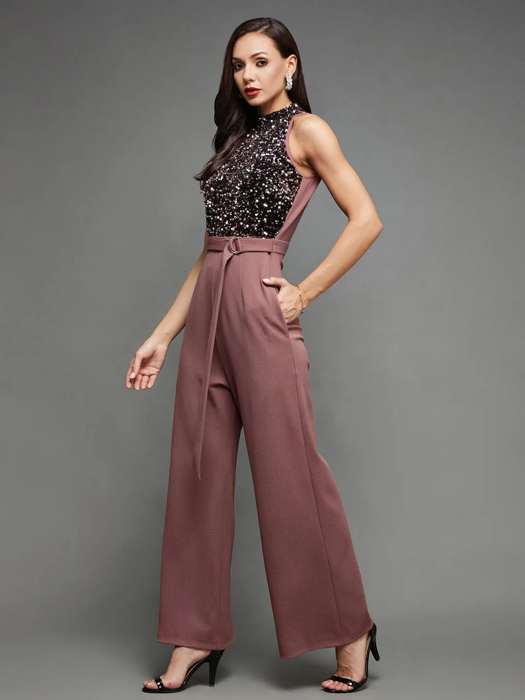 Crease Ease Cocktail Women's Mauve Sleeveless Sequined Halter Neck Party Jumpsuit