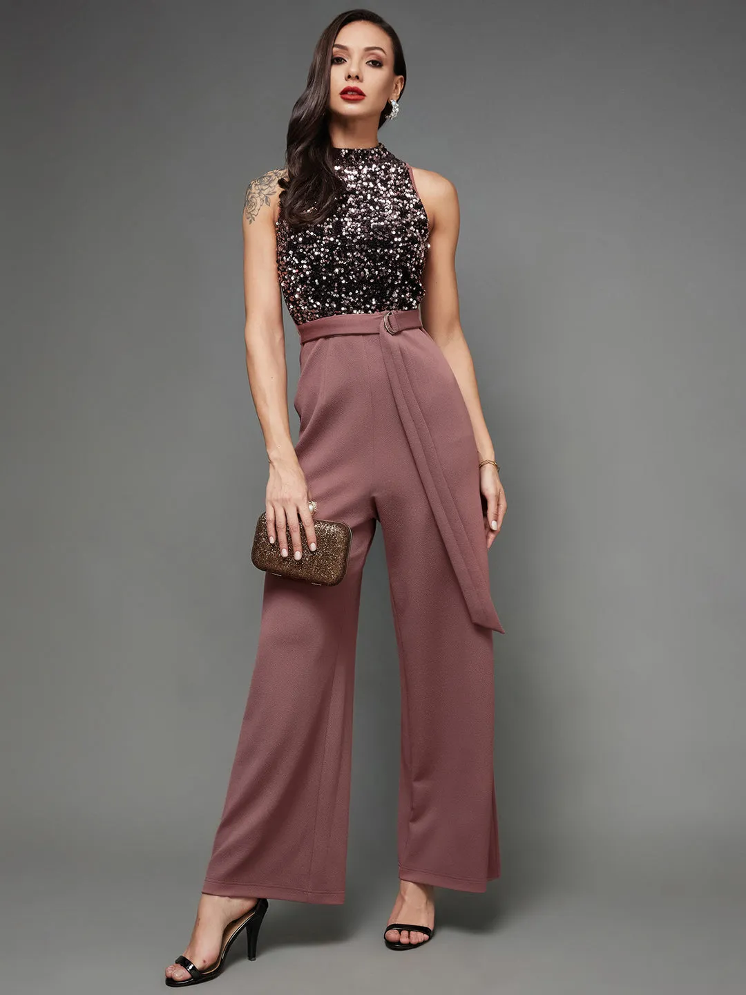Crease Ease Cocktail Women's Mauve Sleeveless Sequined Halter Neck Party Jumpsuit