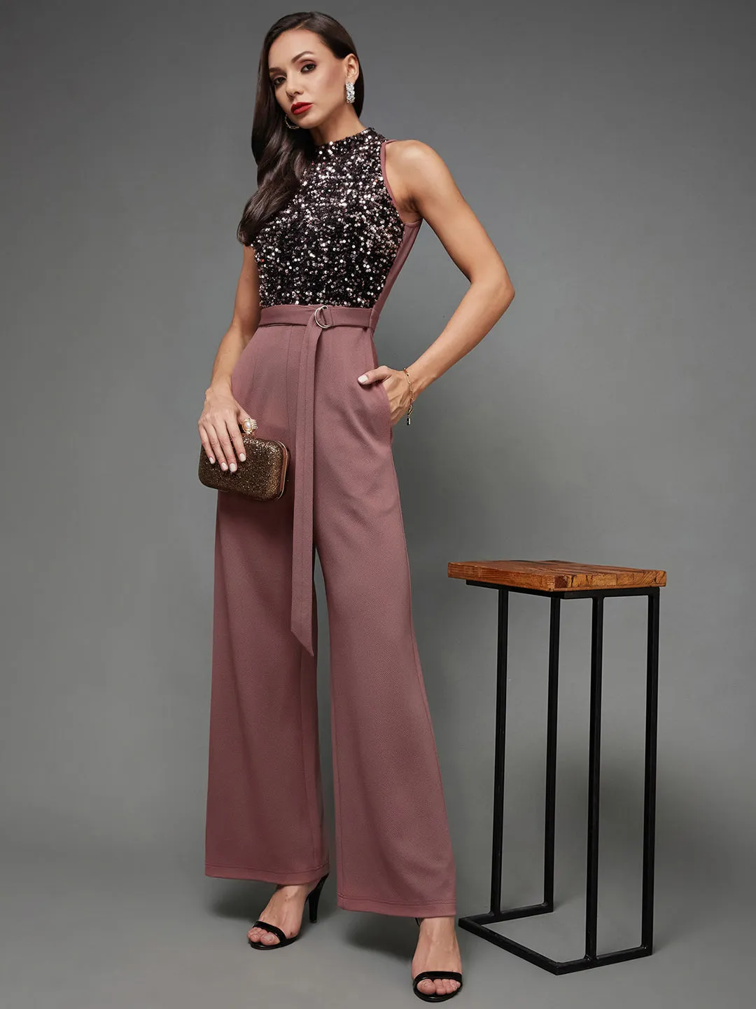 Crease Ease Cocktail Women's Mauve Sleeveless Sequined Halter Neck Party Jumpsuit
