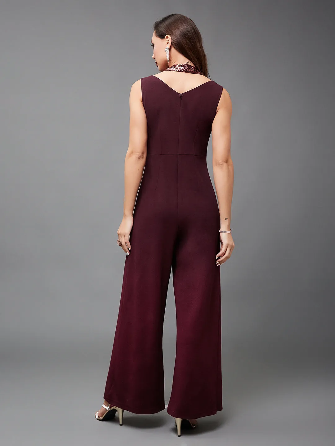 Crease Ease Cocktail Women's Wine Color Halter Neck Sleeveless Solid Pleated Sequin Panelled Jumpsuit