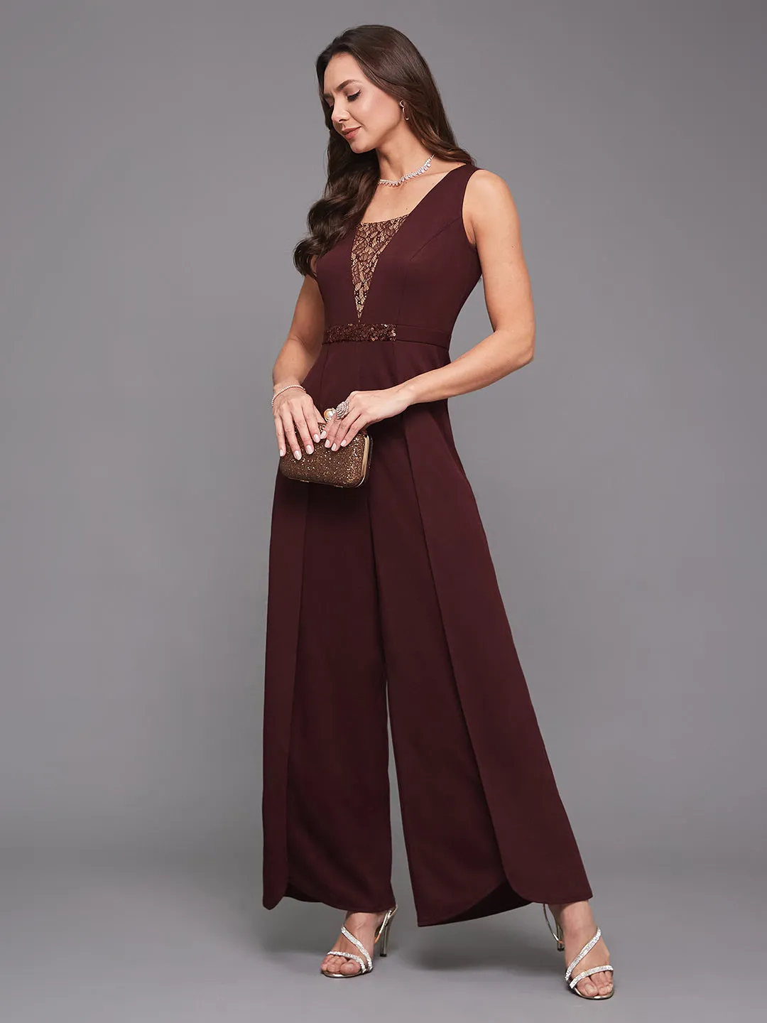 Crease Ease Cocktail Women's Wine Lace Square Neck Sleeveless Sequined Layered Party Jumpsuit