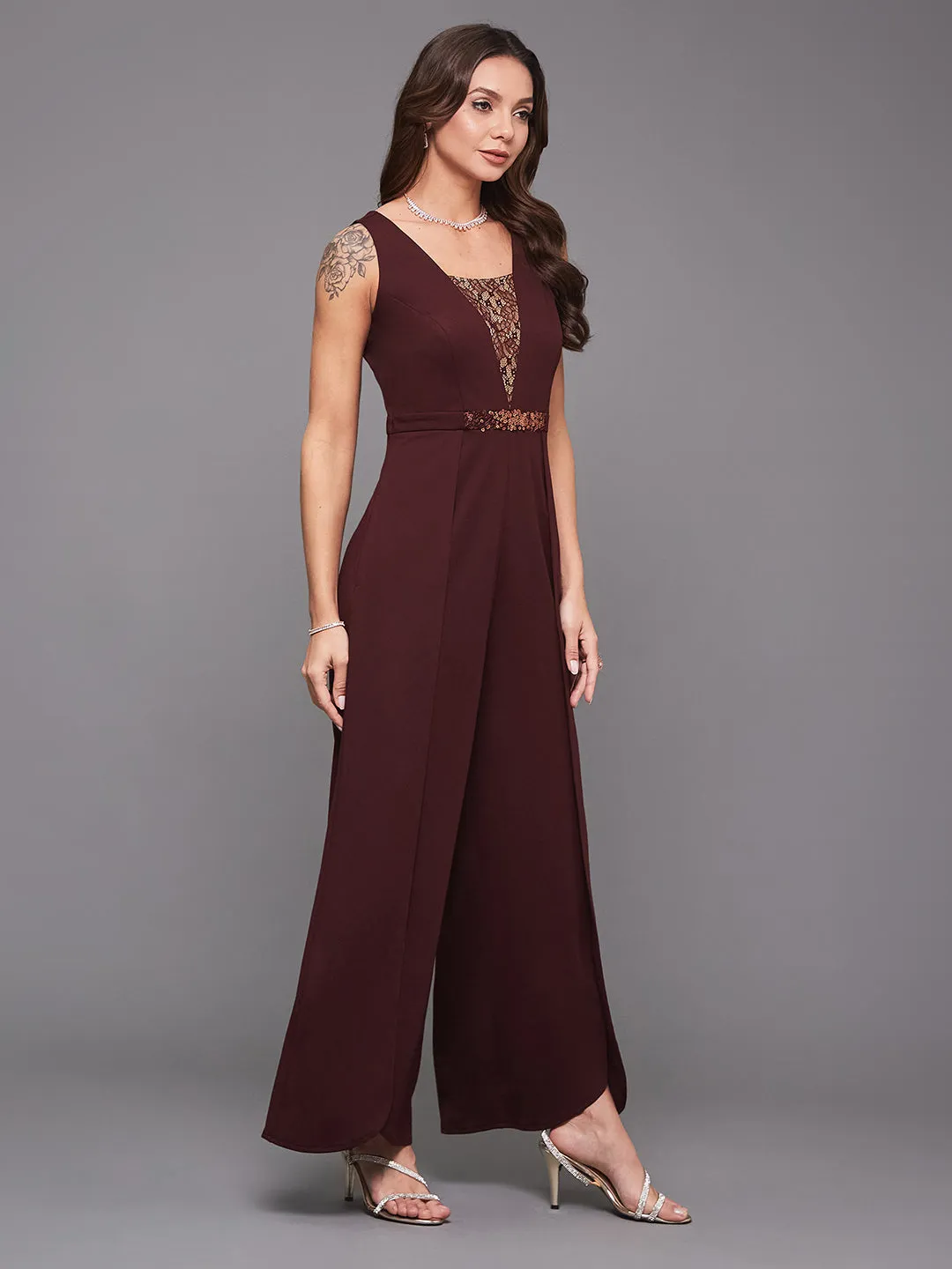 Crease Ease Cocktail Women's Wine Lace Square Neck Sleeveless Sequined Layered Party Jumpsuit
