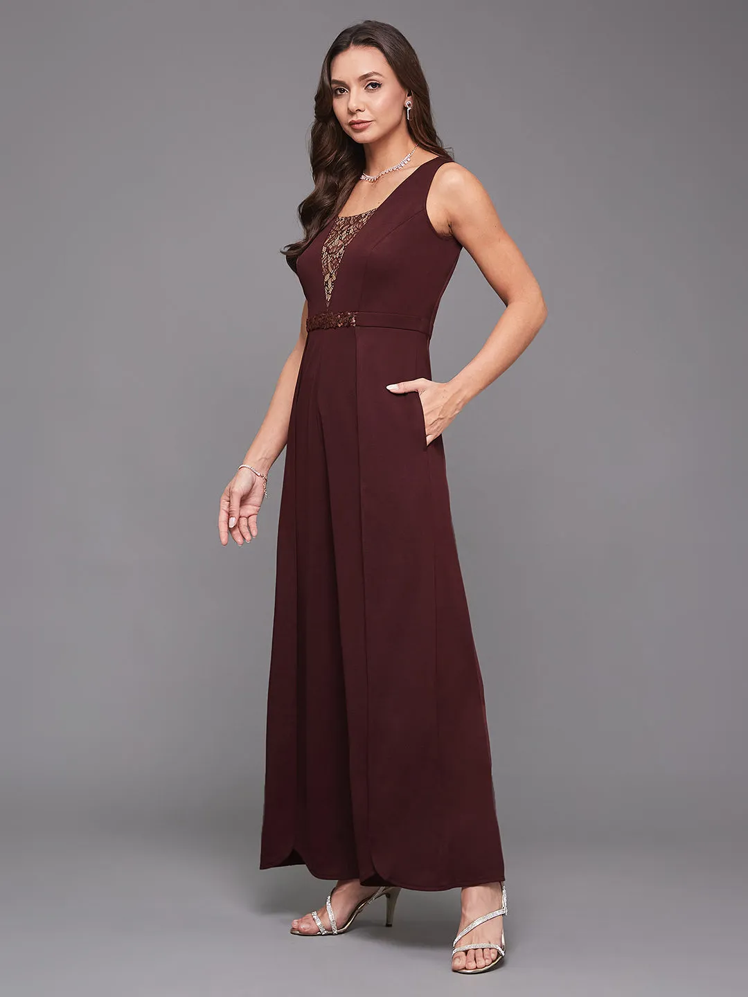 Crease Ease Cocktail Women's Wine Lace Square Neck Sleeveless Sequined Layered Party Jumpsuit