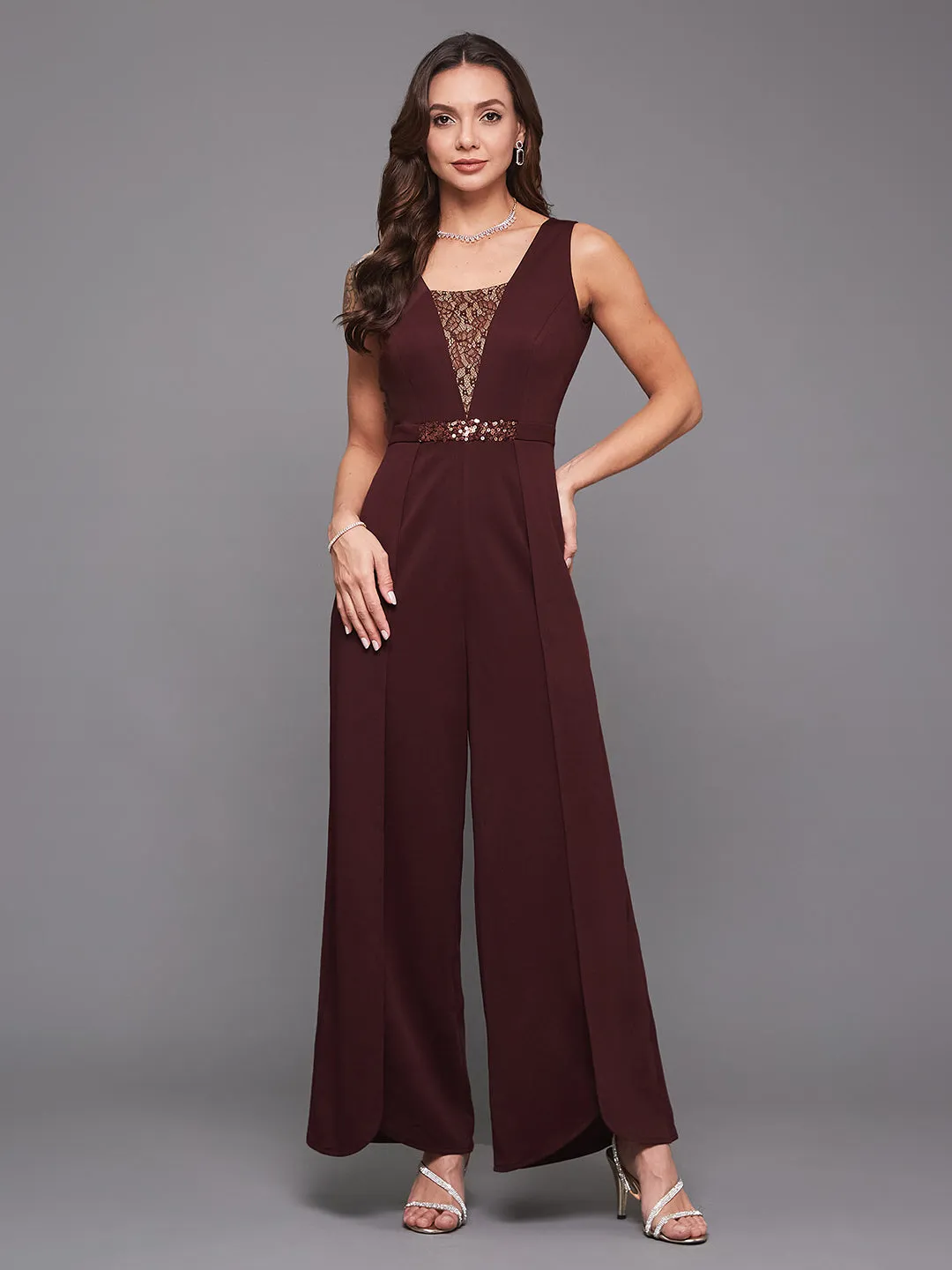 Crease Ease Cocktail Women's Wine Lace Square Neck Sleeveless Sequined Layered Party Jumpsuit