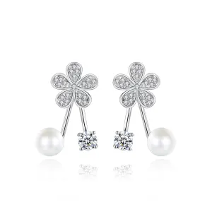 Cubic Zirconia & Pearl Silver-Plated Flower Ear Jackets