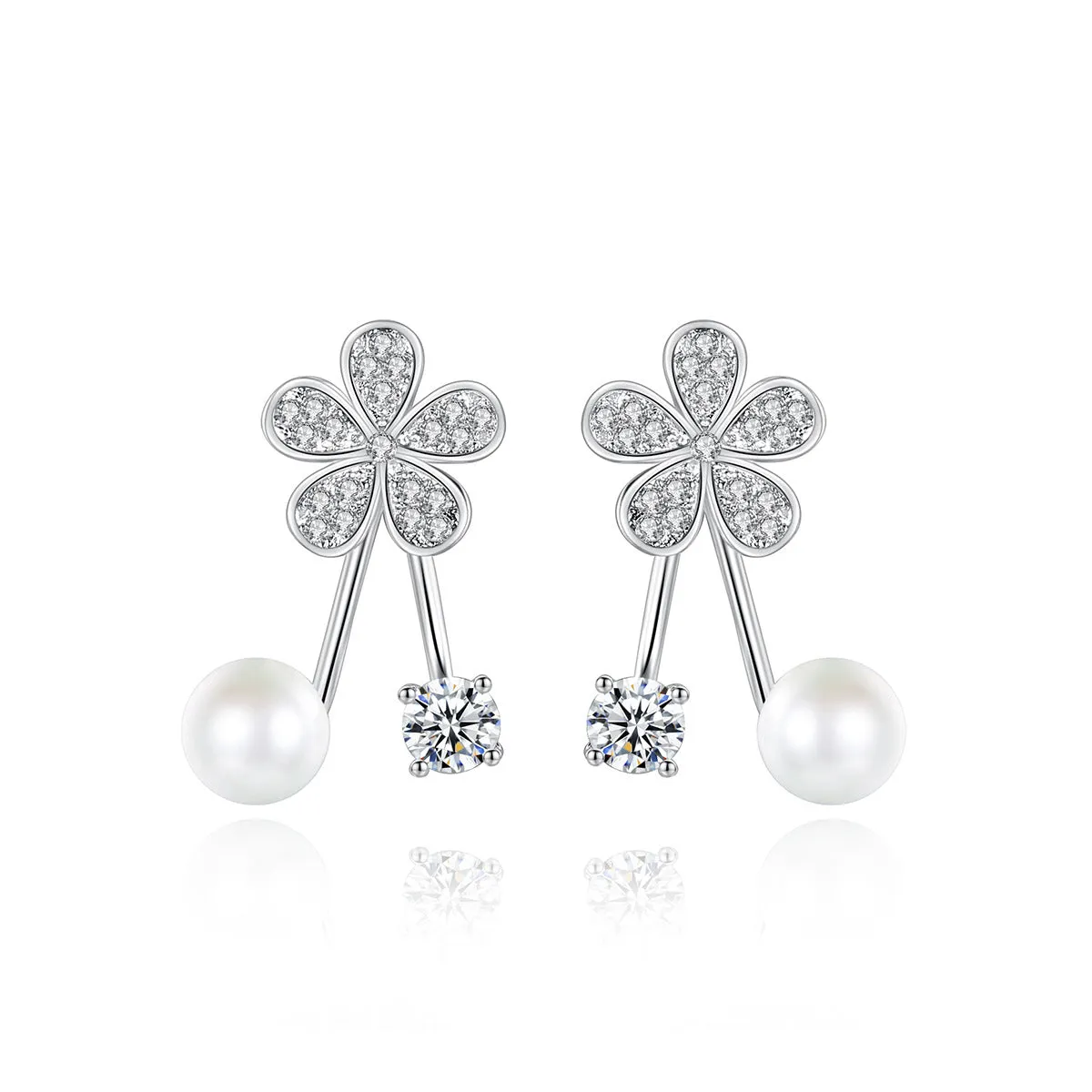 Cubic Zirconia & Pearl Silver-Plated Flower Ear Jackets