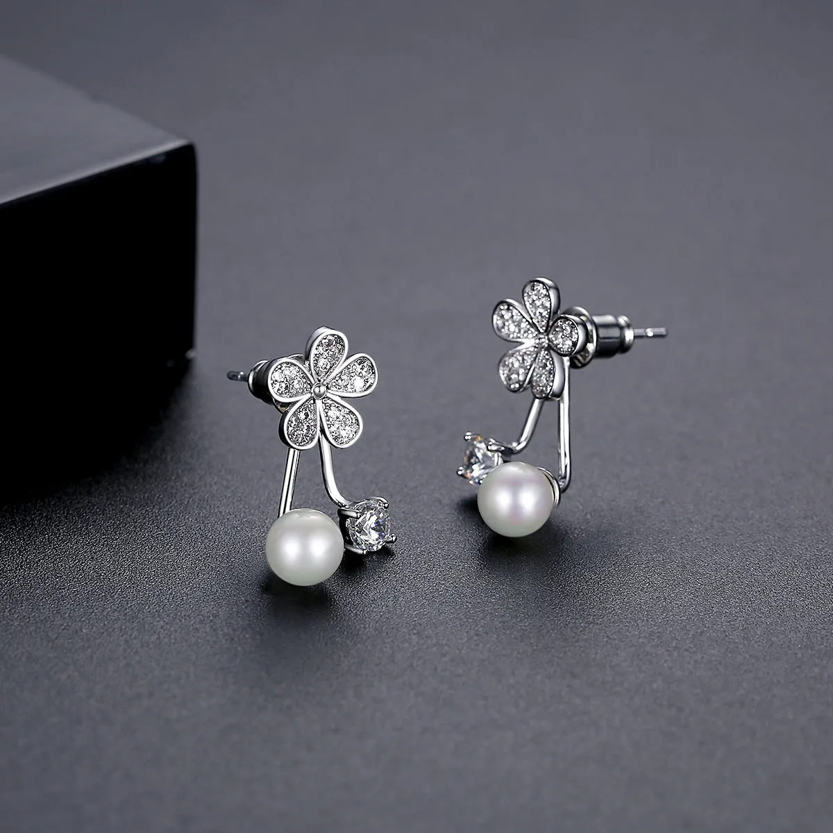 Cubic Zirconia & Pearl Silver-Plated Flower Ear Jackets