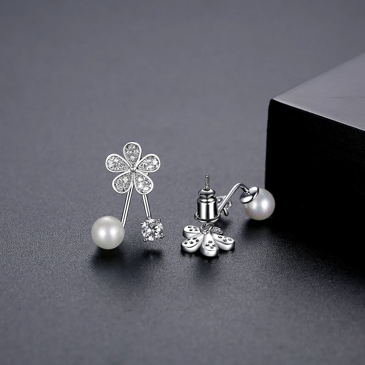 Cubic Zirconia & Pearl Silver-Plated Flower Ear Jackets