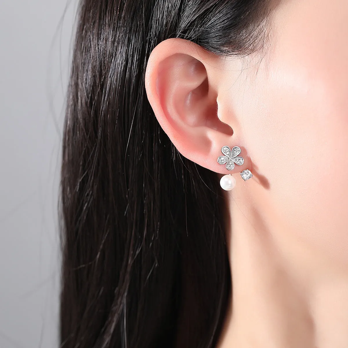 Cubic Zirconia & Pearl Silver-Plated Flower Ear Jackets