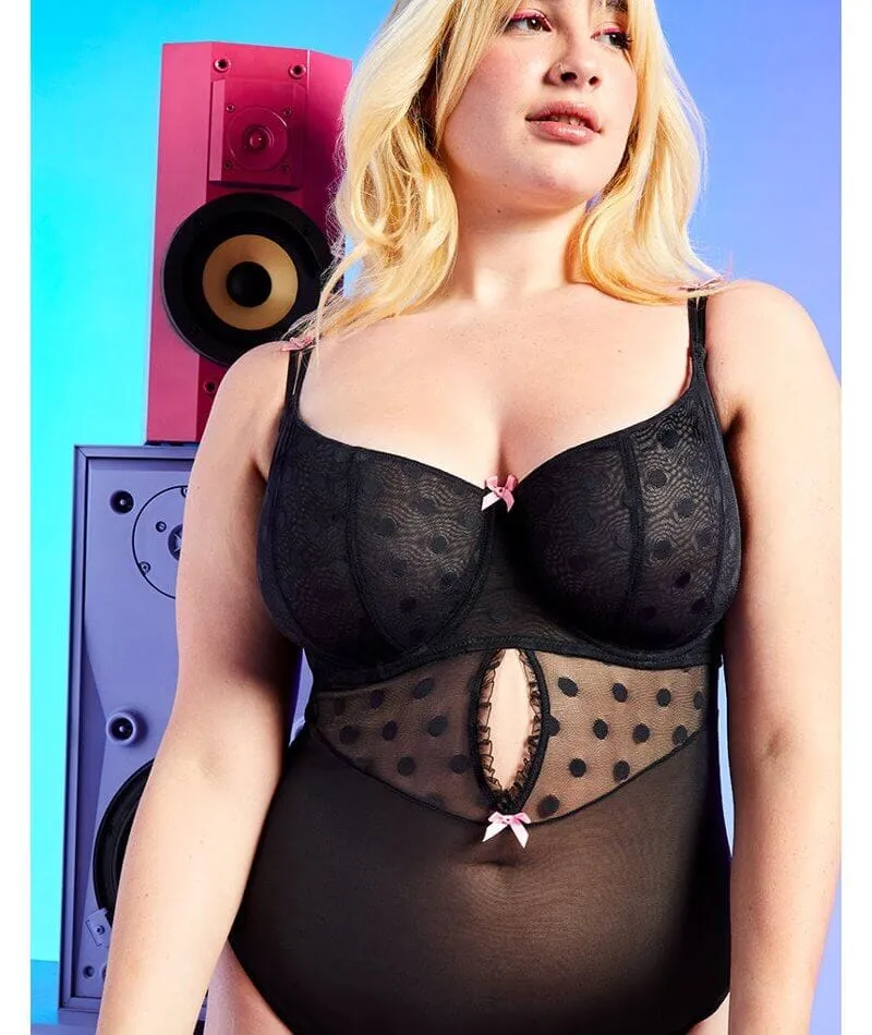 Curvy Kate Frill Me Balcony Bodysuit - Black/Pink
