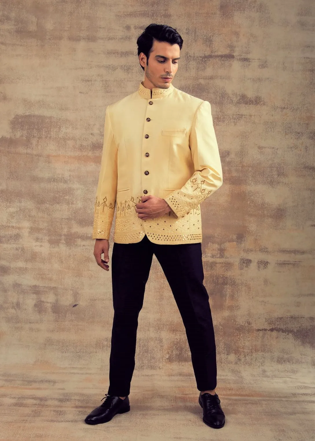 Double Cream Color Mirror Embroidery Jodhpuri Jacket