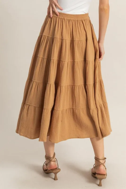 Double Gauze Tiered Midi Skirt with Pockets