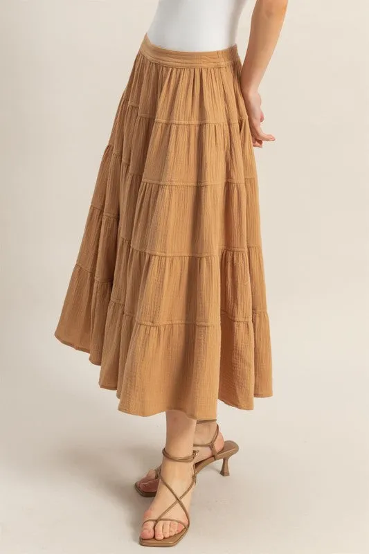 Double Gauze Tiered Midi Skirt with Pockets