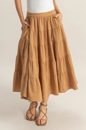 Double Gauze Tiered Midi Skirt with Pockets