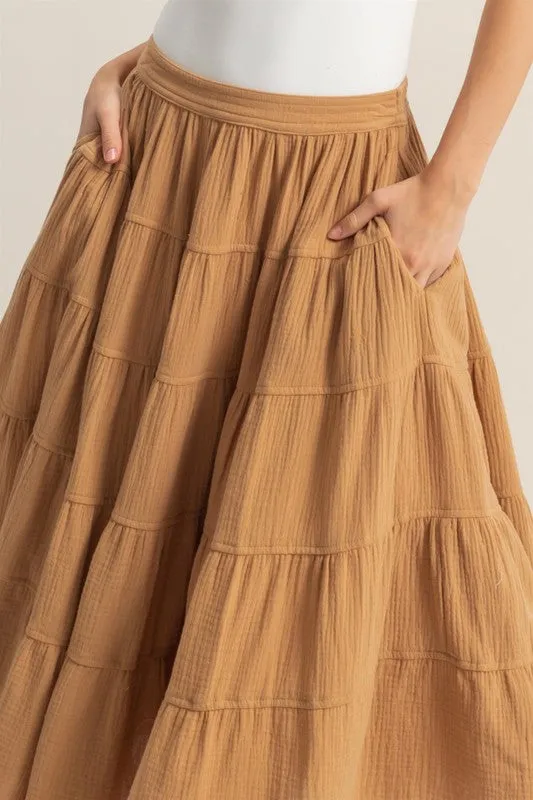 Double Gauze Tiered Midi Skirt with Pockets
