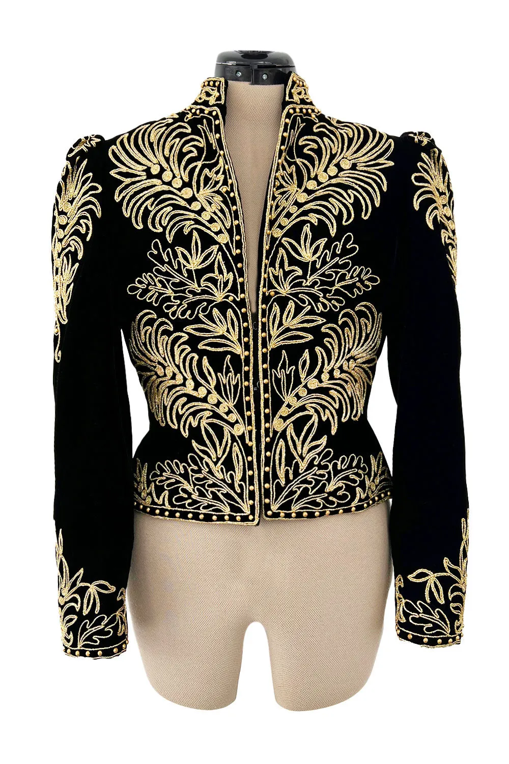 Exceptional 1980s Oscar de la Renta Black Velvet & Metallic Gold Cord Applique Jacket