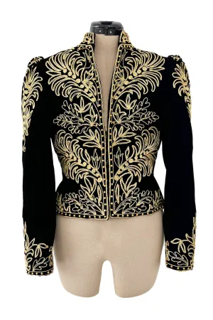 Exceptional 1980s Oscar de la Renta Black Velvet & Metallic Gold Cord Applique Jacket
