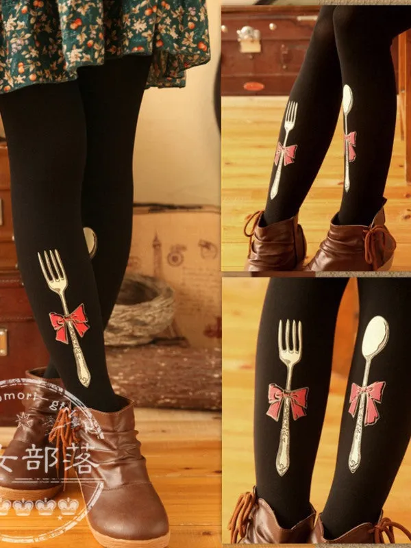 fork and spoon printed tights