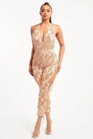Fringe sequin slit leg jumpsuit