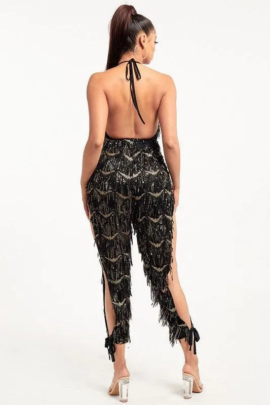 Fringe sequin slit leg jumpsuit
