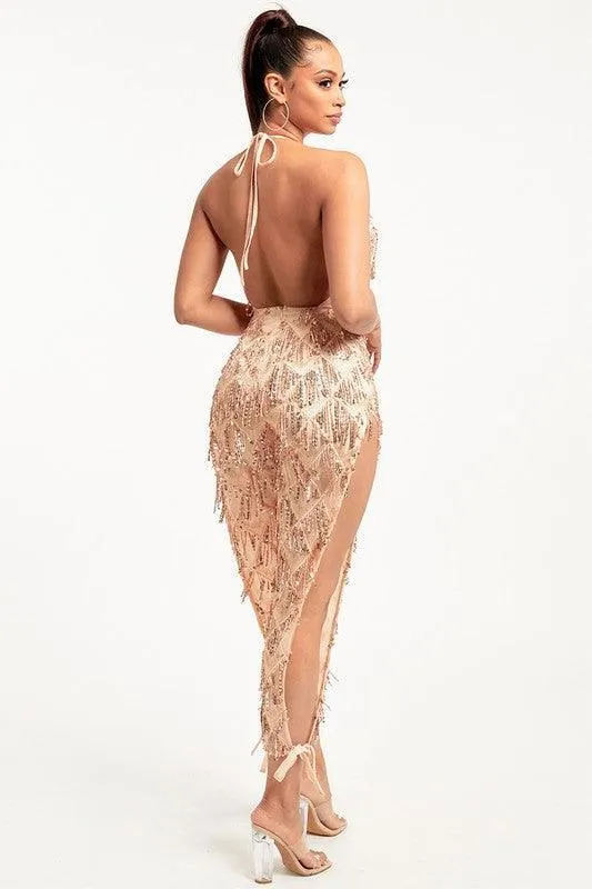Fringe sequin slit leg jumpsuit