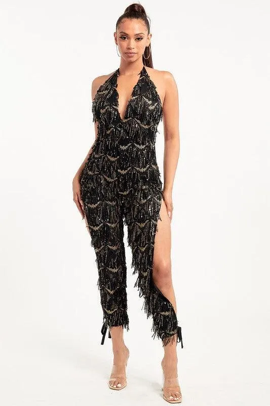 Fringe sequin slit leg jumpsuit