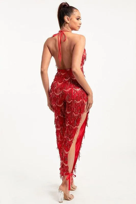 Fringe sequin slit leg jumpsuit